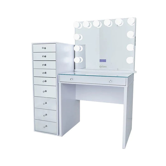 SlayStation Mini Table With Bluetooth Mirror White (bundel) + 9 Drawers Chest