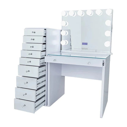 SlayStation Mini Table With Bluetooth Mirror White (bundel) + 9 Drawers Chest